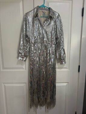 Silver Sequin Fringe Shirt Dress Ceibon